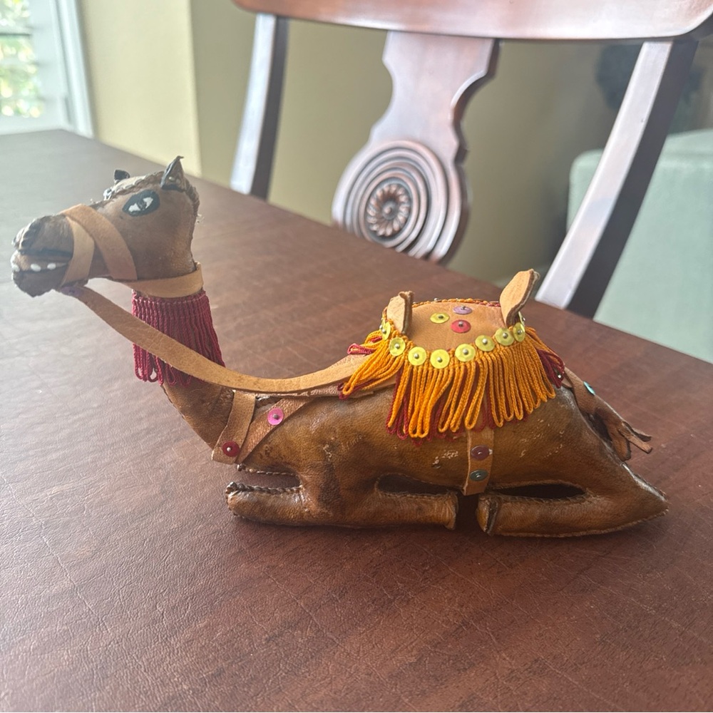 SOLD Vtg Handcrafted Leather Wrapped Camel Figure Figurine Animal Art; 9” L X 5”